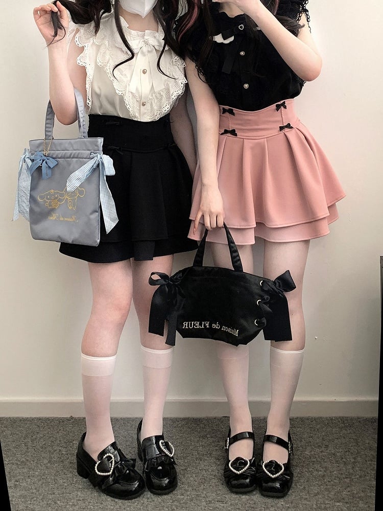 Sleeves Bow Kei and Flutter with Tie Jirai Heart-shaped Trim Blouse Black/White Winged Lace