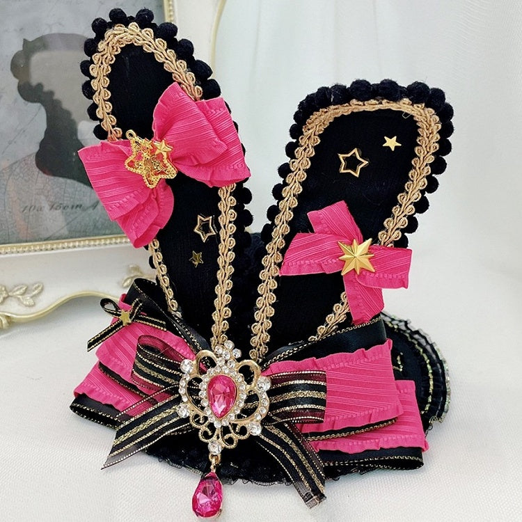Kei Hat Balckピンクちょう結びラインストーンジライチャーム耳ミニバニー