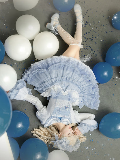 Sweet Bodice Sleeves Detachable Lolita Blue Dress Beach Whale Print Embroidery Bell with and