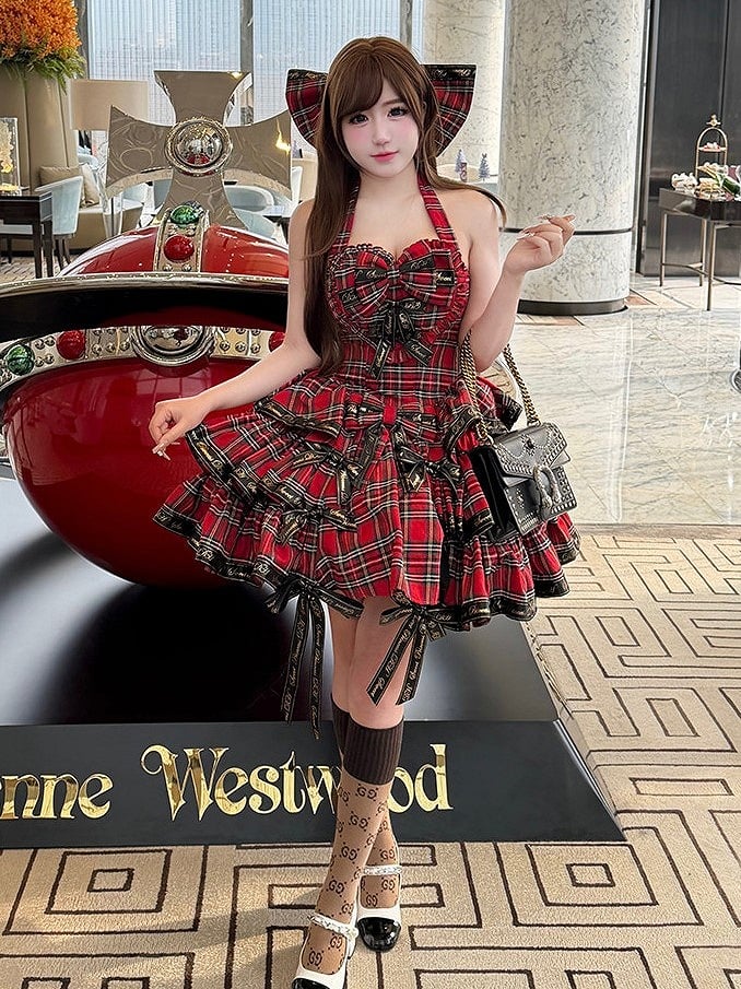 with Dress and Halter Black Ruffles Plaid Punk Red Ribbon Sweet Neck Bows Lolita