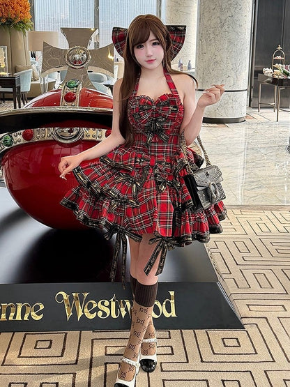 with Dress and Halter Black Ruffles Plaid Punk Red Ribbon Sweet Neck Bows Lolita