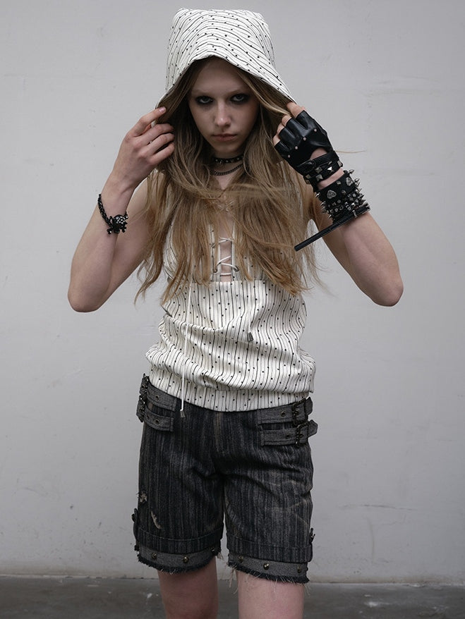 プリントトップ ホワイト スター柄 レースアップ ノースリーブ パーカー ストライプディテール