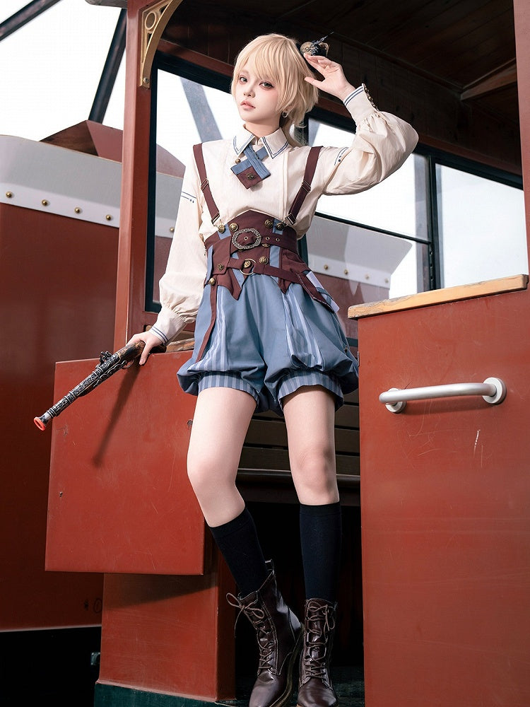 Vintage Ouji Lolita Beige Shirt Blue Striped Bloomers Brown Belt Four Piece Set - Unknown Star