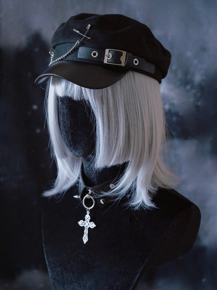 Black Punk Chain Beret with Metal Buckle - Strange Sugar