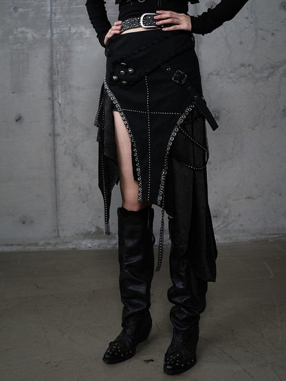 Skirt with Embellishments PU Handkerchief Hem Punk Gothic Metal Black