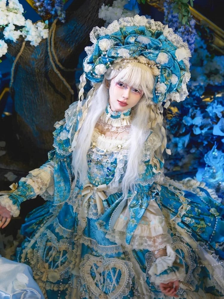 Trim and with Chains Lace White Print Bonnet Lolita Blue Bead Floral Flower