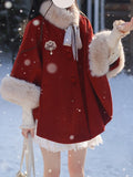 Red Wool Cape Coat with Shaggy Collar and Cuffs