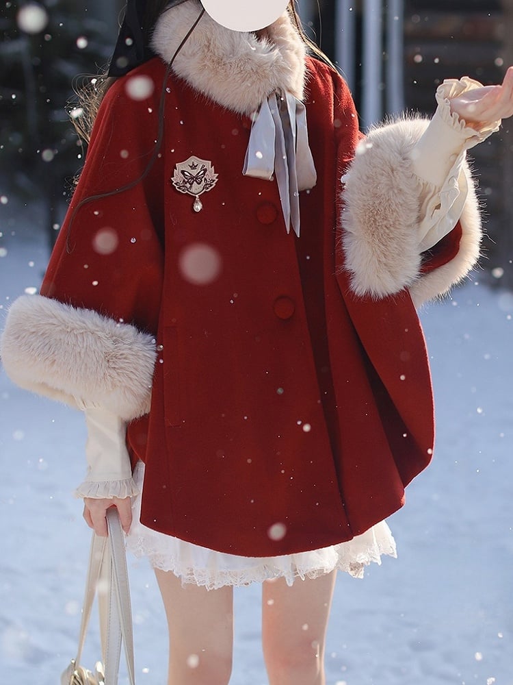 Christmas Red Wool Cape Coat with Shaggy Collar and Cuffs