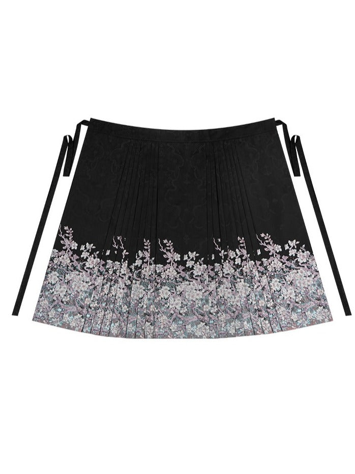 Black Floral Pleated Hanfu Skirt - Yimu Walnut