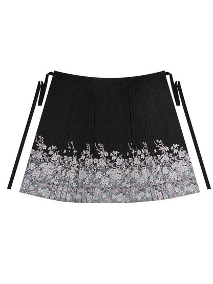 Black Floral Pleated Hanfu Skirt - Yimu Walnut
