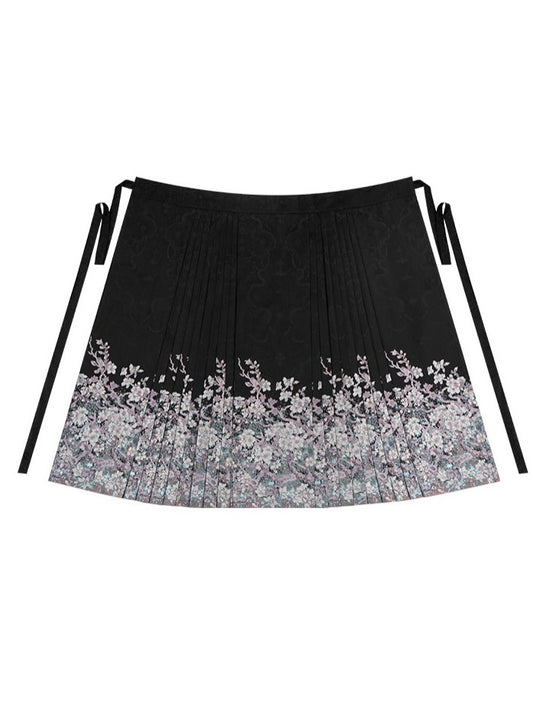 Black Floral Pleated Hanfu Skirt - Yimu Walnut