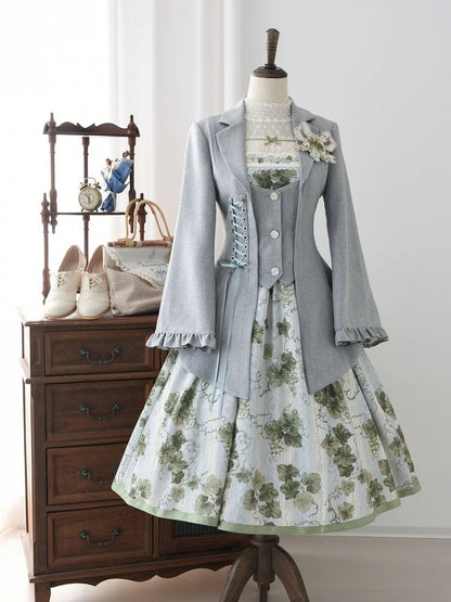 Gray-Blue Retro Elegant Lace-Up Blazer