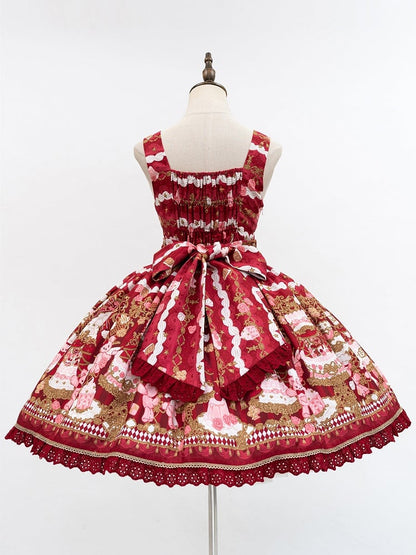 JSK Details Lolita Sweet Bow Trim with and Lace Bear Print Red Cake Dress