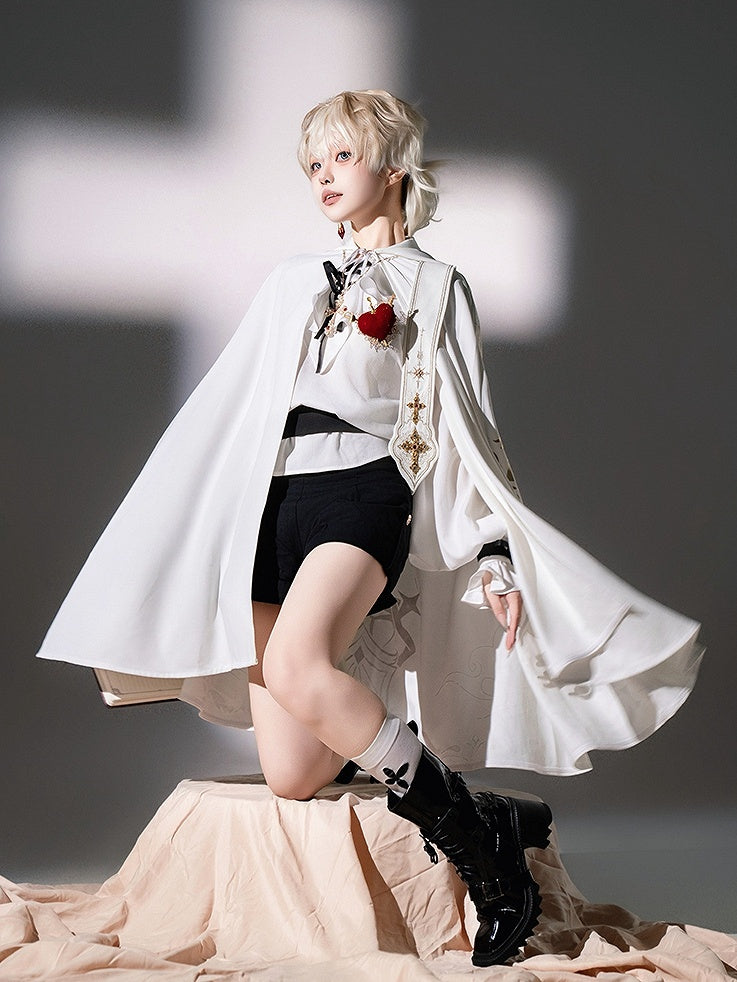 Shirt + Stoles Shorts Set Fashion Lolita Ouji Hooded Cape Nun Full Long White Sleeves - Black