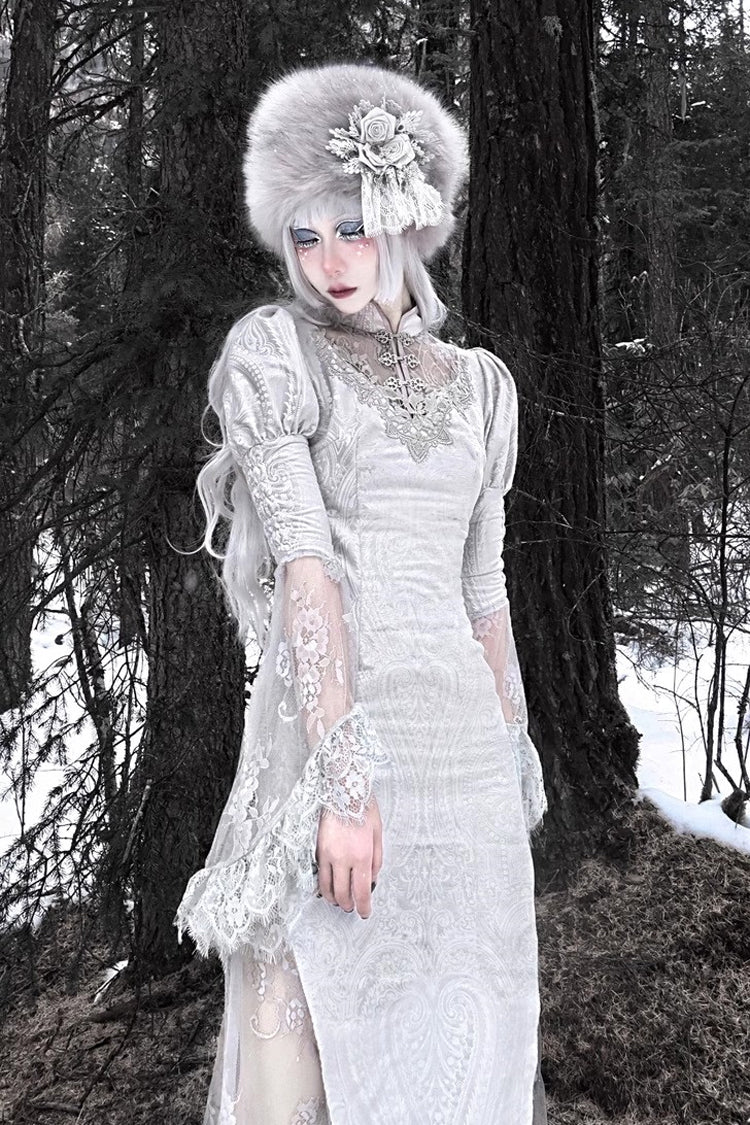 Silver V-Neck Long Sleeves High-Waisted Ruffle Lace Gothic Fishtail Dress