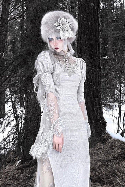 Silver V-Neck Long Sleeves High-Waisted Ruffle Lace Gothic Fishtail Dress