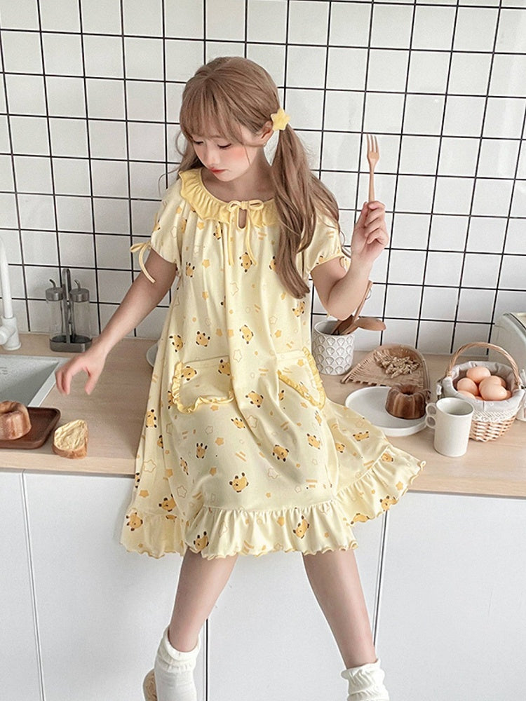 Yellow Mango Print Peter Pan Dress - Tan Tuan