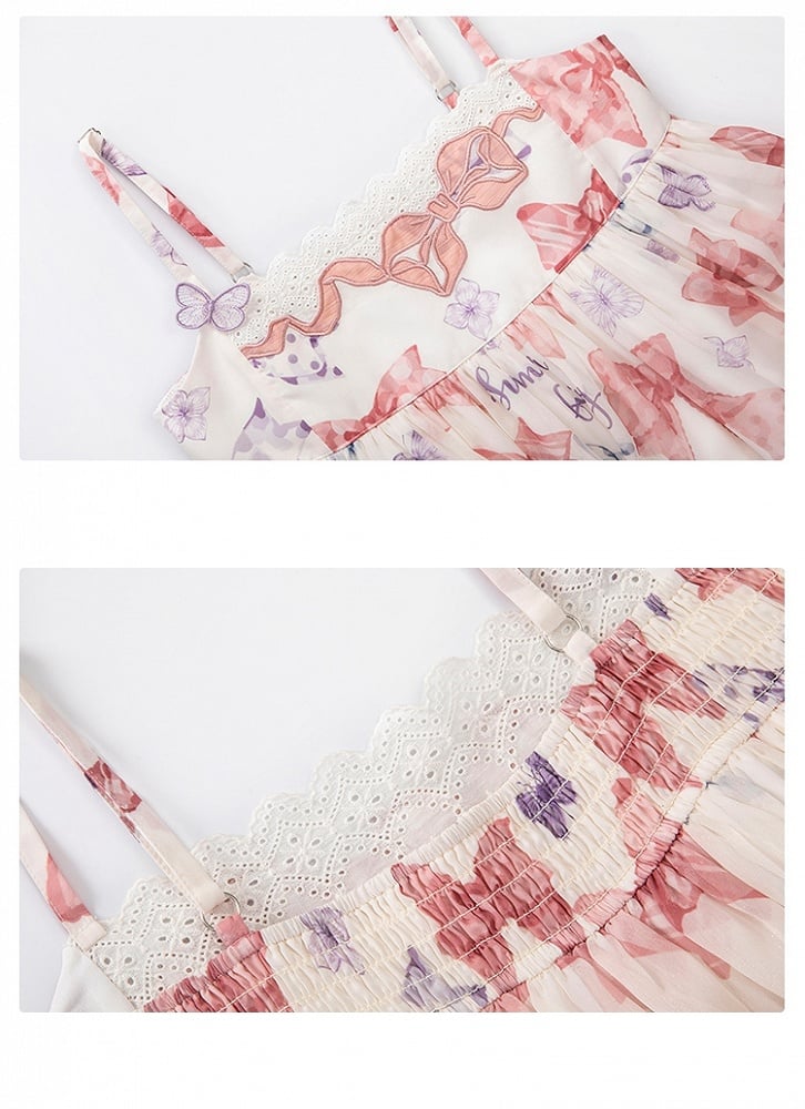 ピンクのハイウエスト蝶結びティアードスカートサマーロリータドレス