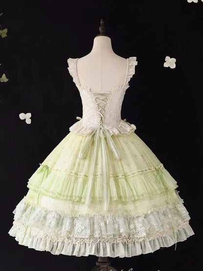 Klassischer zarter Rock mit mehrlagiger Schleife und Rüschen, grün, Lolita-Stickerei, klein