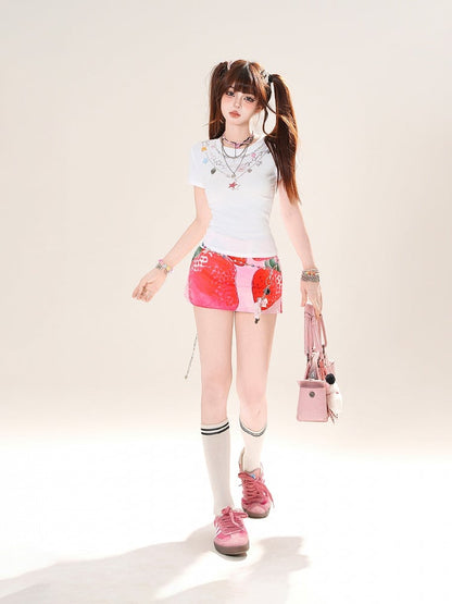 Print Pink Low Waist Sweet Strawberry Mini Bodycon Skirt