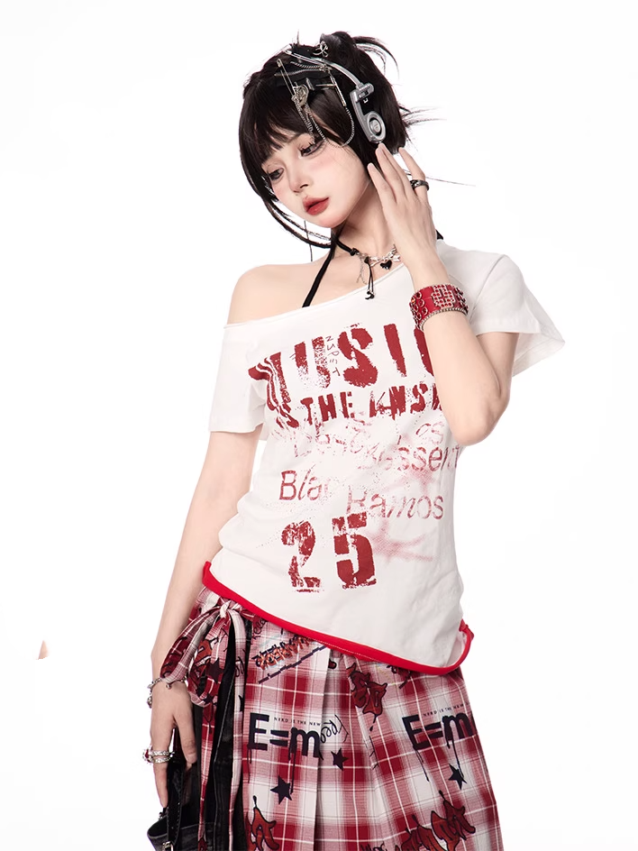 Y2K Letter Print White/Gray Asymmetrical Neckline T-shirt