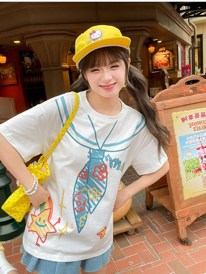 ホワイト ラウンドネック セーラーカラー プリント ゆったり かわいい Tシャツ