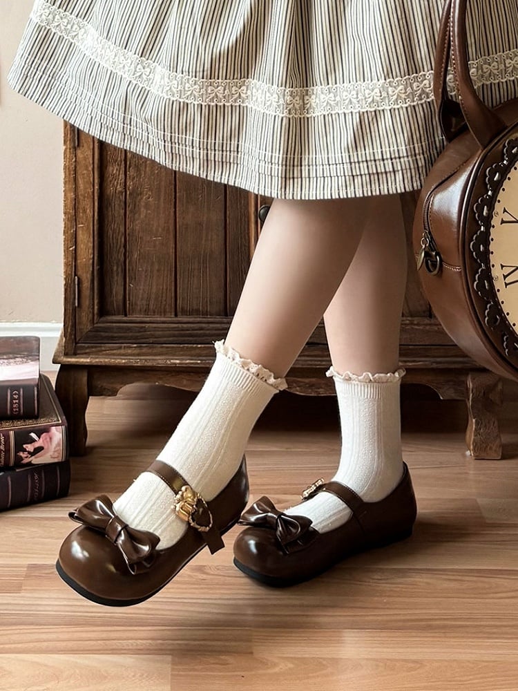 Schleifenschnallen Braunes Hugging Top Herz Lolita Flats Süß mit Bär bei