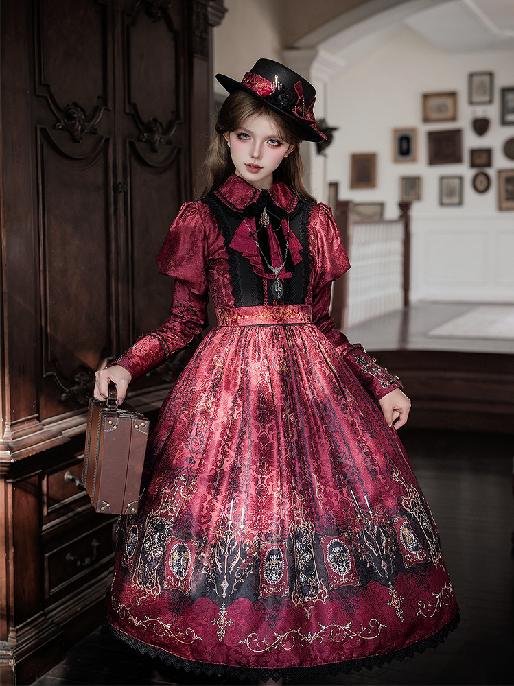 Red Dress with Lolita Wings Print Bat Gothic Candelabras Juliette Sleeves