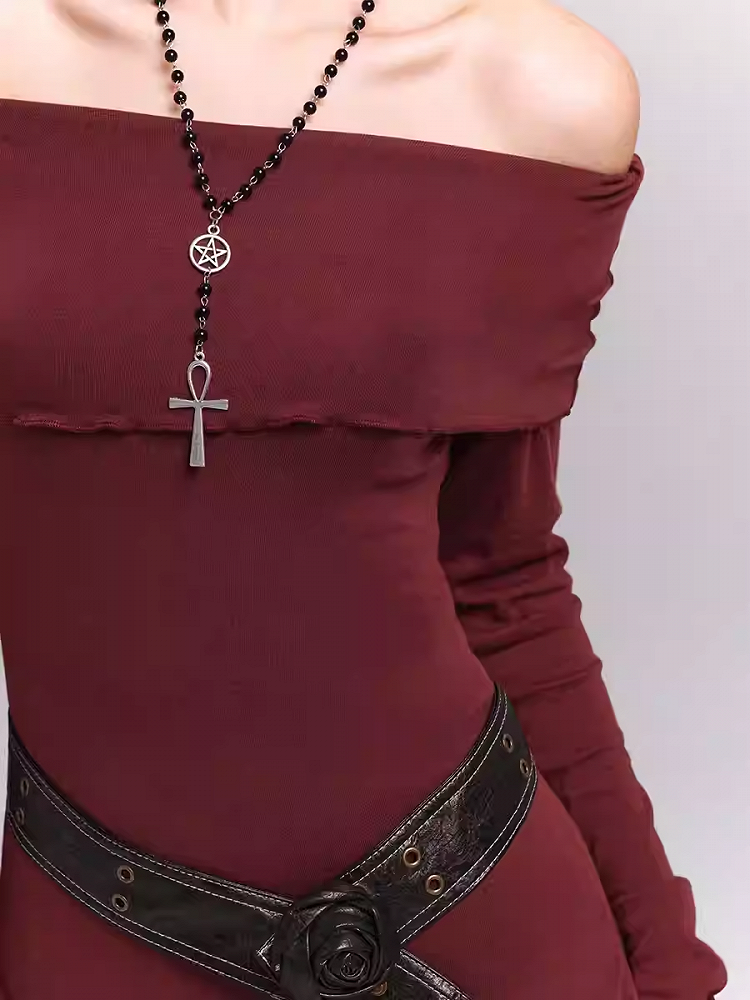 Wine Red Semi-sheer Off-the-shoulder Neckline Glamorous Dress