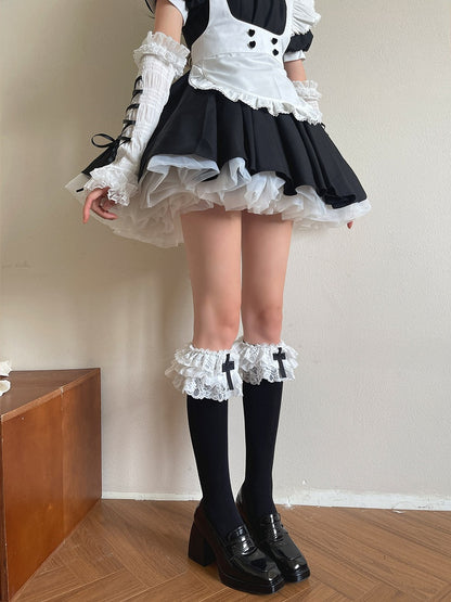 Ruffled Lolita Decoration Sockswith Gothic Calf BlackWhite Cross 3-Layer