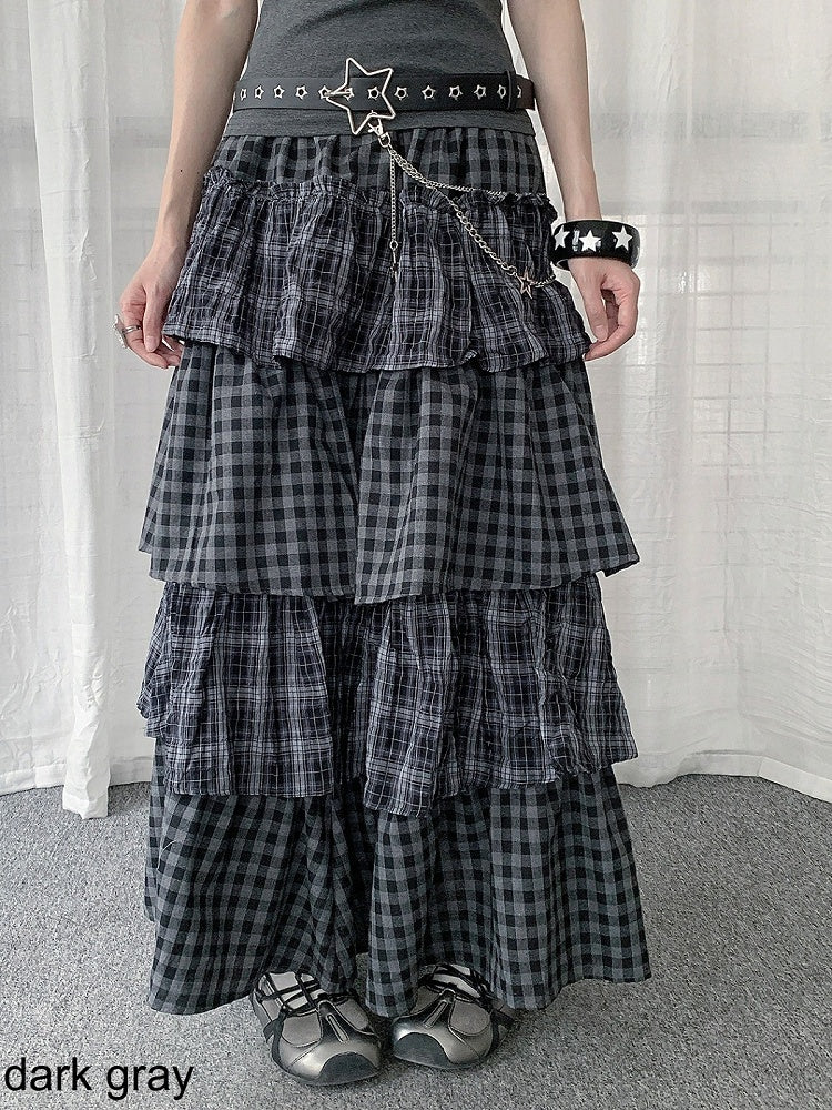 Two Tone Plaid Layered Ruffle Skirt - Solkatt