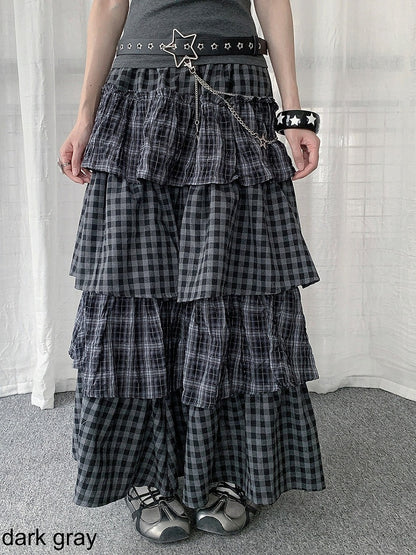 Two Tone Plaid Layered Ruffle Skirt - Solkatt