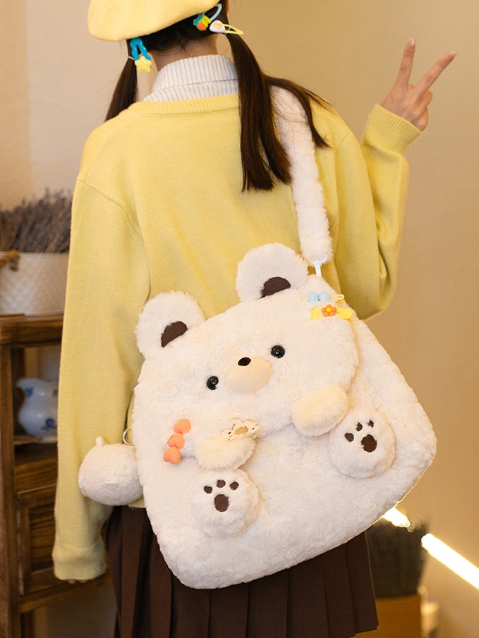 ホワイトキュートベアぬいぐるみフラップバックパックバッグミドル/ラージサイズ