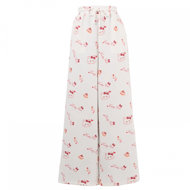 ホワイトのドローストリングウエスト、全体にキティプリントのワイドレッグカジュアルパンツ