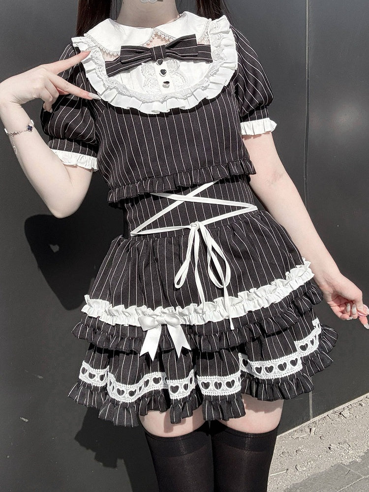 Black & White Striped Peter Pan Collar Set + Tiered Skirt - Bug Starting