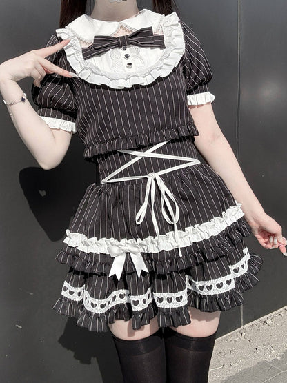 Black & White Striped Peter Pan Collar Set + Tiered Skirt - Bug Starting