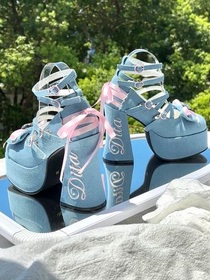 Heels Bow Platform Lolita - Design Crisscross Block Blue at High Top Sweet