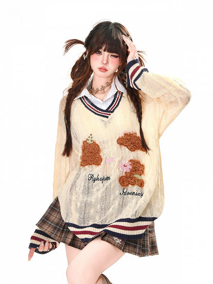 スタイルベア柄 アプリコット プレッピー フェイクツーピースシャツ 日焼け防止 透かし