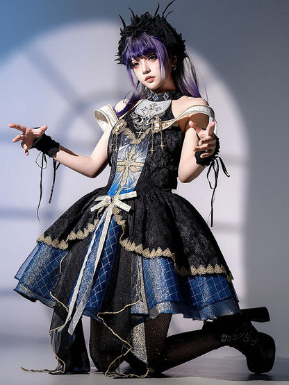 Skirt Gothic Design Cross Off-shoulder and Mock Front Print Jumper Cascading Neck Ruffles