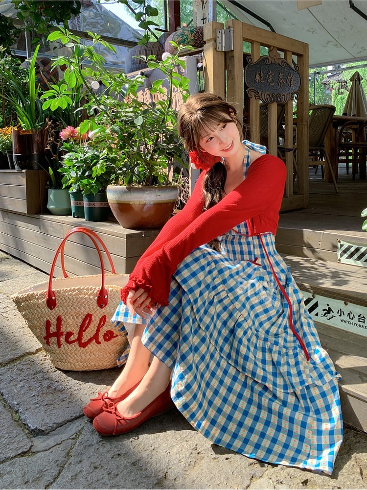 Blue Allover Halter Floral Print Holiday Neck Plaid Dress Sweet