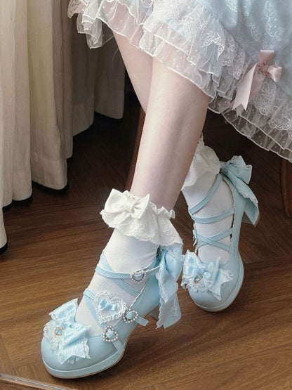 Sweet Lolita Blue Heart Crystal Platform Shoes with Bow - Sheep Puff