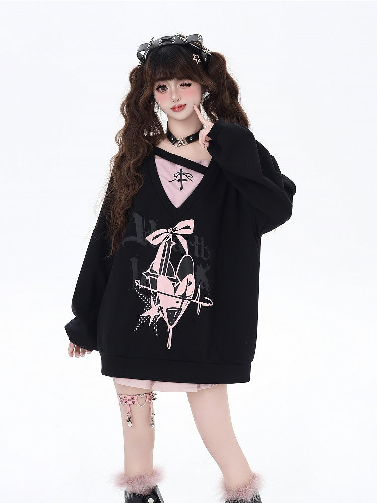スウェットシャツ Vネック ハート＆リボンプリント ルーズ ツーピース ビタースウィート ブラック/ブルー フェイク