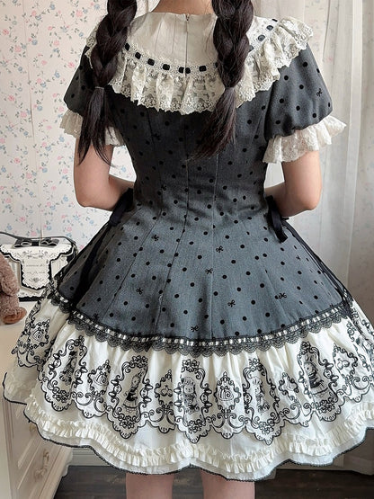 Gray Dot Sweet Lace-Trimmed Pattern Rabbit Dress Appliques with Polka Lolita Sweetheart