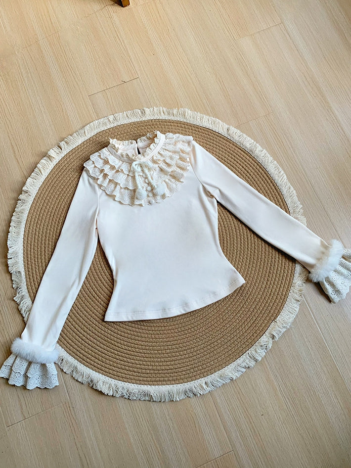 and Ruffles with for Autumn/Winter Top Layered Warm Lolita Fur-Accent Beige Soft
