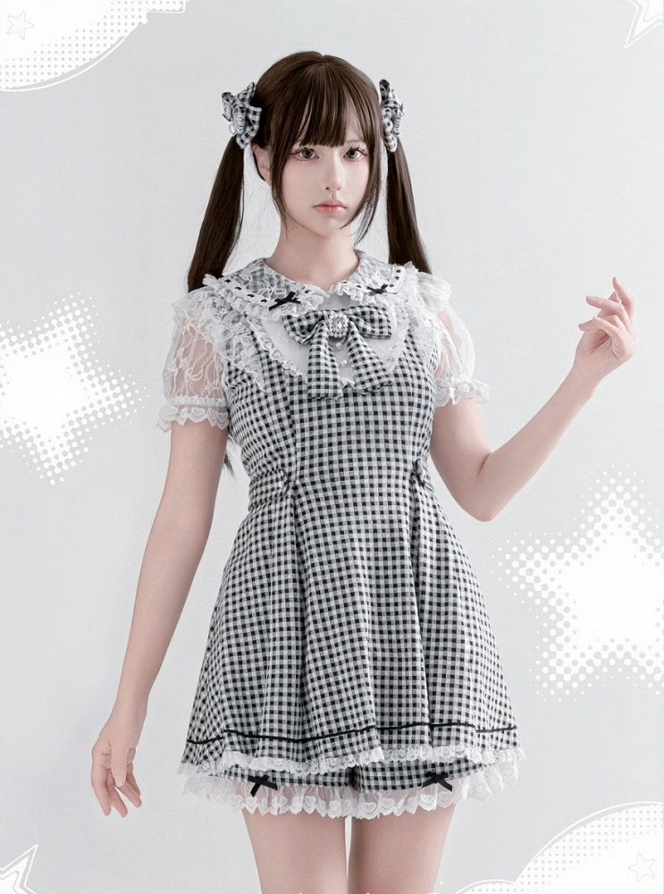 Black & White Plaid Bow Lace Dress with Shorts - Ostslheep