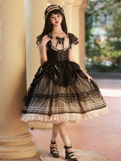 Black Boned Basque Waist Elegant Under Bust Classic Lolita Jumper Skirt