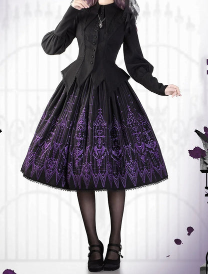 Schwarzer Gothic Lolita Cathedral Glasrock Stickerei Lila