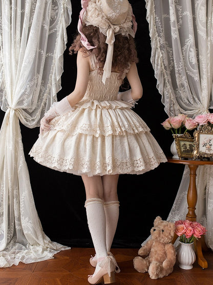 Beige Multi-layer Ruffles Elegant Lolita Skirt Floral Embroidery Details - Miss Point