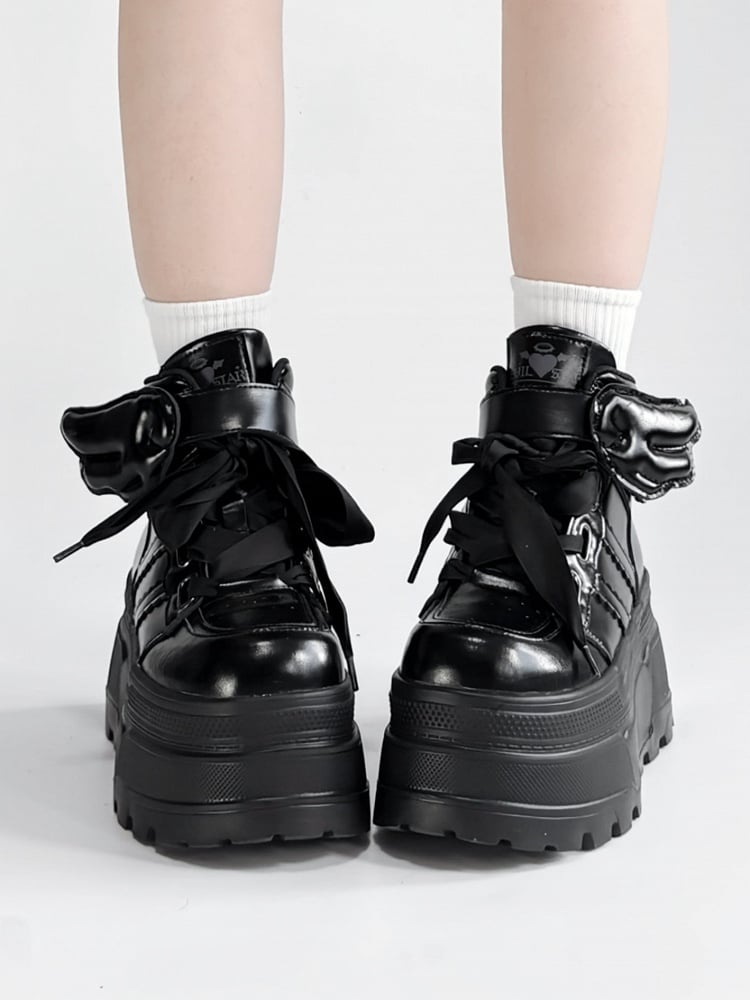 And Lace-up Black Strap Closures Velcro Wings Decor Gothic Detachable - Platforms