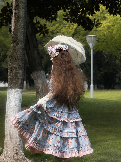 Cookie Hamster Sweet Lolita and Ruffle Print Dress Pink Hem Blue